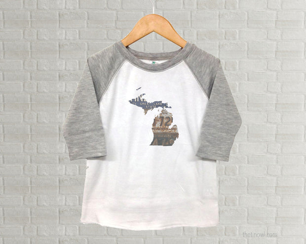 Michigan Youth Raglan T-Shirt - Vintage License Plate Art