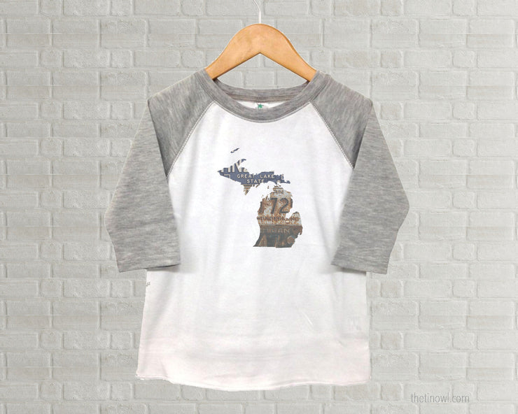 Michigan Youth Raglan T-Shirt - Vintage License Plate Art