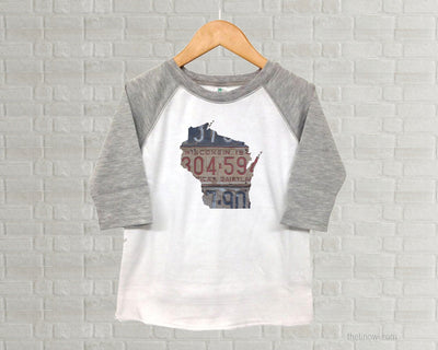 Wisconsin Youth Raglan T-Shirt - Vintage License Plate Art