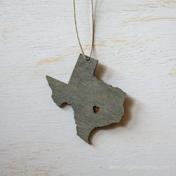 Texas Outline Ornament | Rustic Wood | Heart Home | Texas Love | Etched | Laser Cut