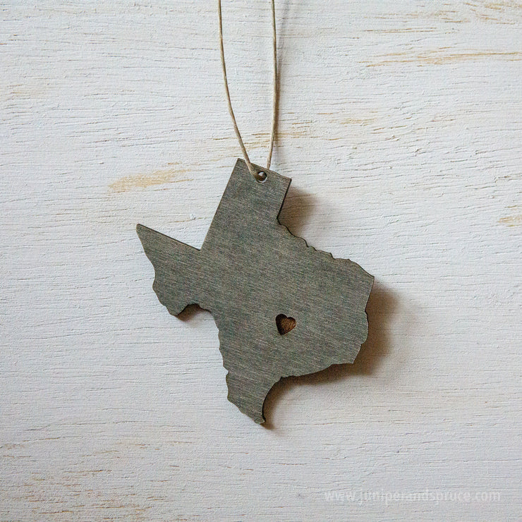Texas Outline Ornament | Rustic Wood | Heart Home | Texas Love | Etched | Laser Cut
