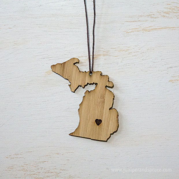 Michigan Outline Ornament | Rustic Wood | Heart Home | Michigan Love | Etched | Laser Cut