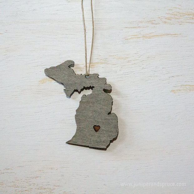 Michigan Outline Ornament | Rustic Wood | Heart Home | Michigan Love | Etched | Laser Cut
