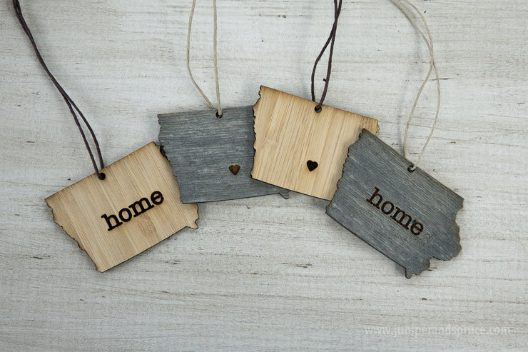 Iowa Outline Ornament | Rustic Wood | Heart Home | Iowa Love | Etched | Laser Cut
