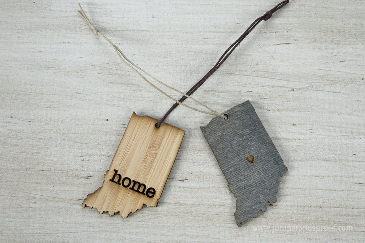Indiana Outline Ornament | Rustic Wood | Heart Home | Indiana Love | Etched | Laser Cut