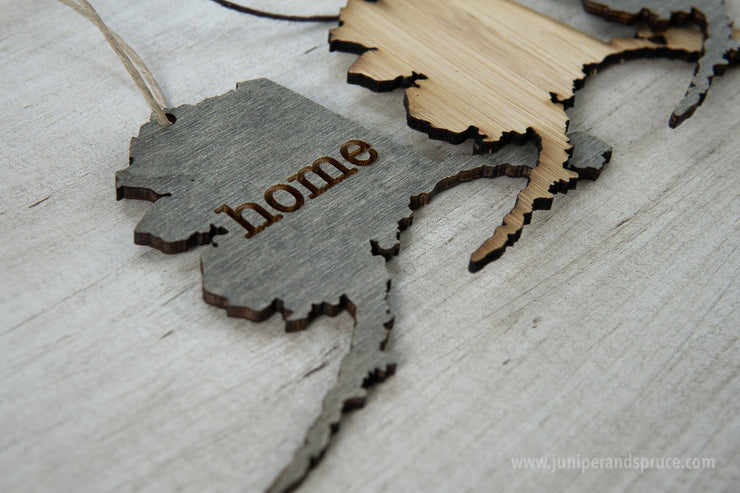 Alaska Outline Ornament | Rustic Wood | Heart Home | Alaska Love | Etched | Laser Cut