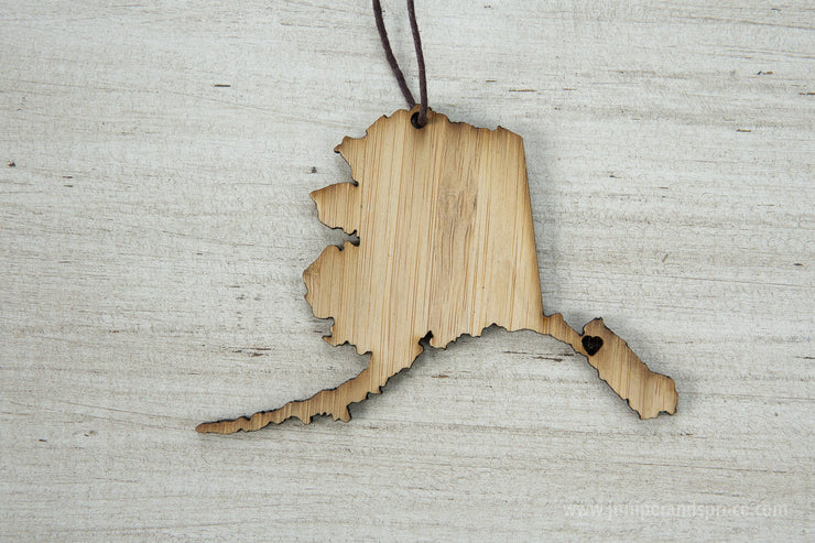 Alaska Outline Ornament | Rustic Wood | Heart Home | Alaska Love | Etched | Laser Cut