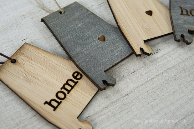 Alabama Outline Ornament | Rustic Wood | Heart Home | Alabama Love | Etched | Laser Cut