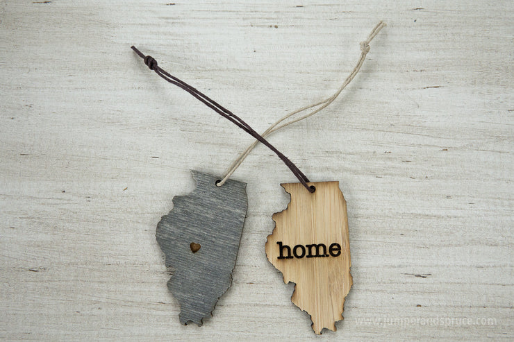 Illinois Outline Ornament | Rustic Wood | Heart Home | Illinois Love | Etched | Laser Cut