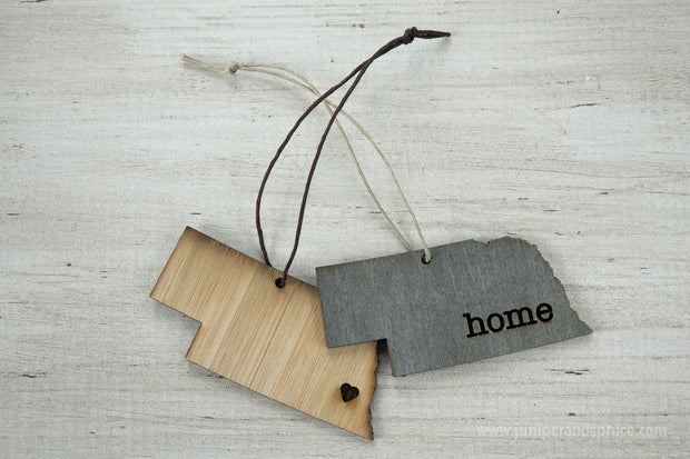 Nebraska Outline Ornament | Rustic Wood | Heart Home | Nebraska Love | Etched | Laser Cut