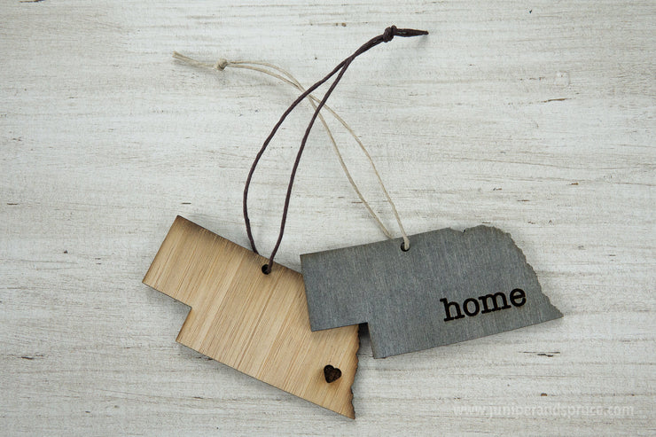 Nebraska Outline Ornament | Rustic Wood | Heart Home | Nebraska Love | Etched | Laser Cut