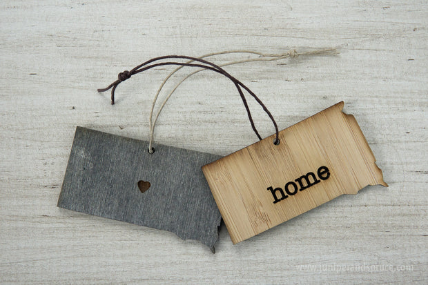 South Dakota Outline Ornament | Rustic Wood | Heart Home | South Dakota Love | Etched | Laser Cut