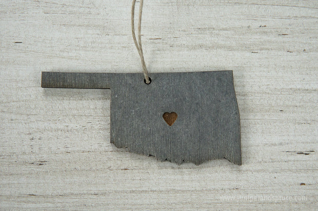 Oklahoma Outline Ornament | Rustic Wood | Heart Home | Oklahoma Love | Etched | Laser Cut