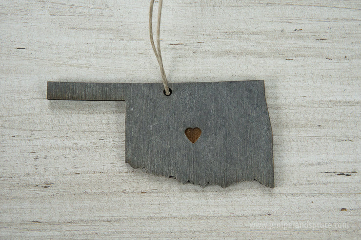 Oklahoma Outline Ornament | Rustic Wood | Heart Home | Oklahoma Love | Etched | Laser Cut