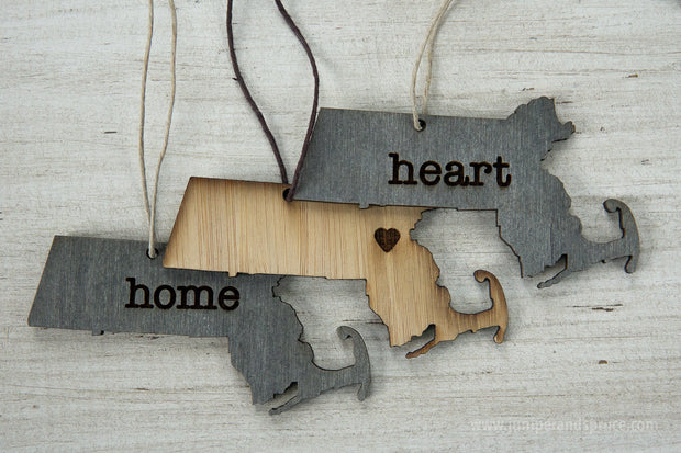 Massachusetts Outline Ornament | Rustic Wood | Heart Home | Massachusetts Love | Etched | Laser Cut