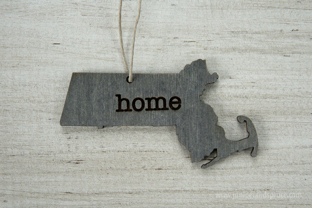 Massachusetts Outline Ornament | Rustic Wood | Heart Home | Massachusetts Love | Etched | Laser Cut