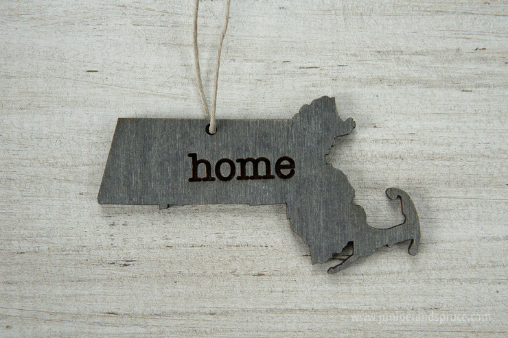 Massachusetts Outline Ornament | Rustic Wood | Heart Home | Massachusetts Love | Etched | Laser Cut