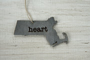 Massachusetts Outline Ornament | Rustic Wood | Heart Home | Massachusetts Love | Etched | Laser Cut