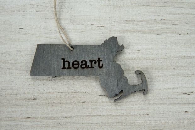Massachusetts Outline Ornament | Rustic Wood | Heart Home | Massachusetts Love | Etched | Laser Cut