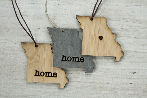 Missouri Outline Ornament | Rustic Wood | Heart Home | Missouri Love | Etched | Laser Cut