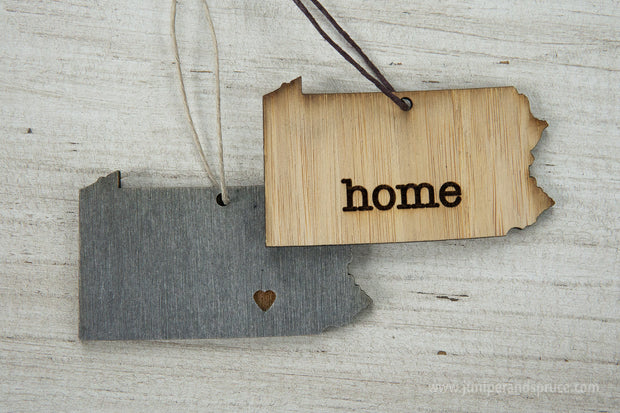 Pennsylvania Outline Ornament | Rustic Wood | Heart Home | Pennsylvania Love | Etched | Laser Cut