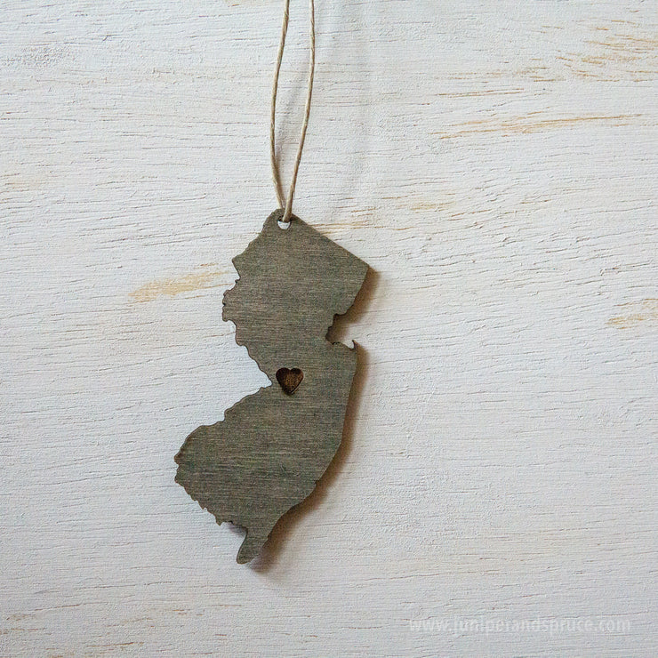 New Jersey Outline Ornament | Rustic Wood | Heart Home | New Jersey Love | Etched | Laser Cut