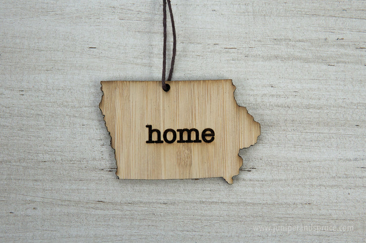 Iowa Outline Ornament | Rustic Wood | Heart Home | Iowa Love | Etched | Laser Cut