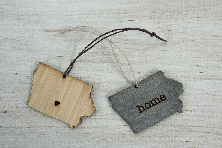 Iowa Outline Ornament | Rustic Wood | Heart Home | Iowa Love | Etched | Laser Cut