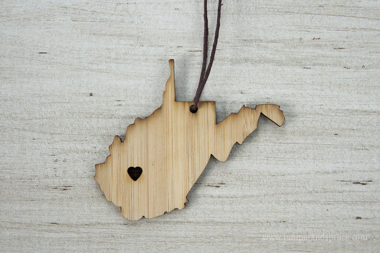 West Virginia Outline Ornament | Rustic Wood | Heart Home | West Virginia Love | Etched | Laser Cut