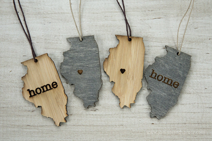 Illinois Outline Ornament | Rustic Wood | Heart Home | Illinois Love | Etched | Laser Cut