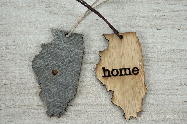 Illinois Outline Ornament | Rustic Wood | Heart Home | Illinois Love | Etched | Laser Cut