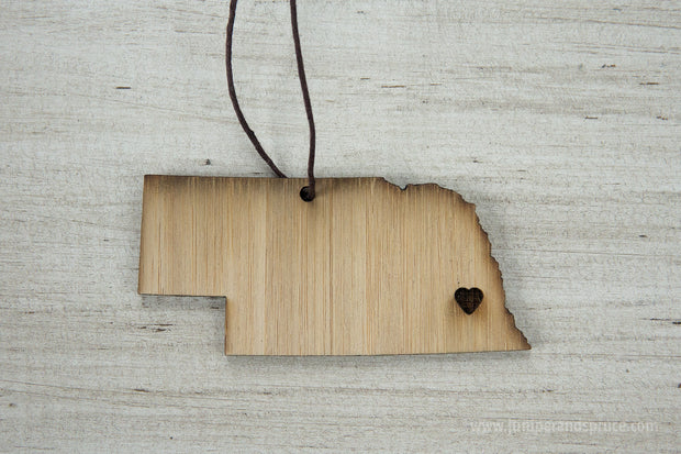 Nebraska Outline Ornament | Rustic Wood | Heart Home | Nebraska Love | Etched | Laser Cut