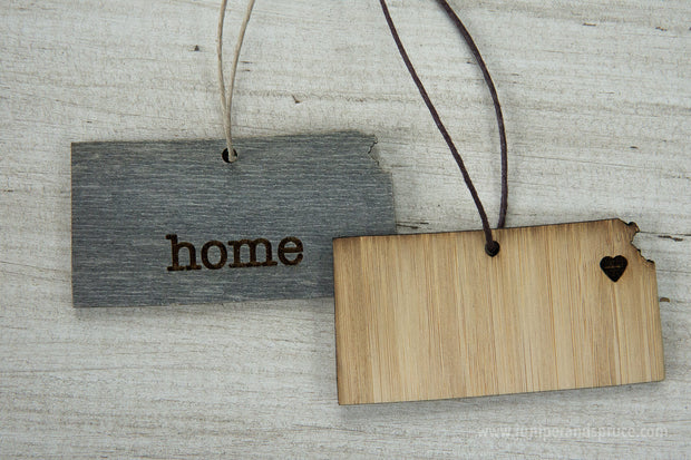 Kansas Outline Ornament | Rustic Wood | Heart Home | Kansas Love | Etched | Laser Cut