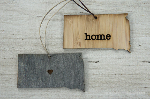 South Dakota Outline Ornament | Rustic Wood | Heart Home | South Dakota Love | Etched | Laser Cut