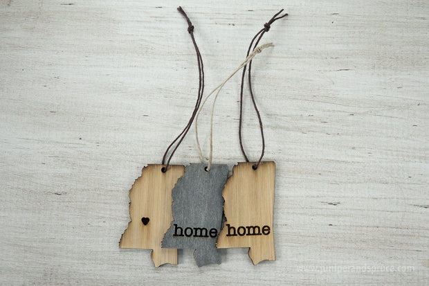 Mississippi Outline Ornament | Rustic Wood | Heart Home | Mississippi Love | Etched | Laser Cut