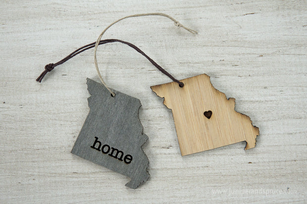 Missouri Outline Ornament | Rustic Wood | Heart Home | Missouri Love | Etched | Laser Cut