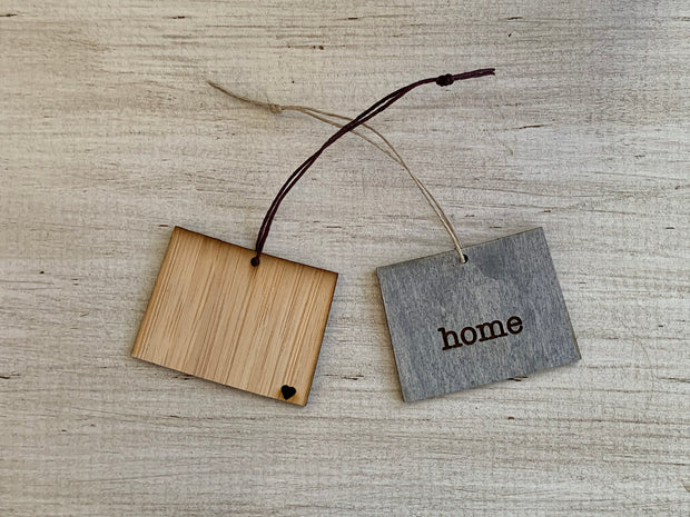Wyoming Outline Ornament | Rustic Wood | Heart Home | Etched | Laser Cut