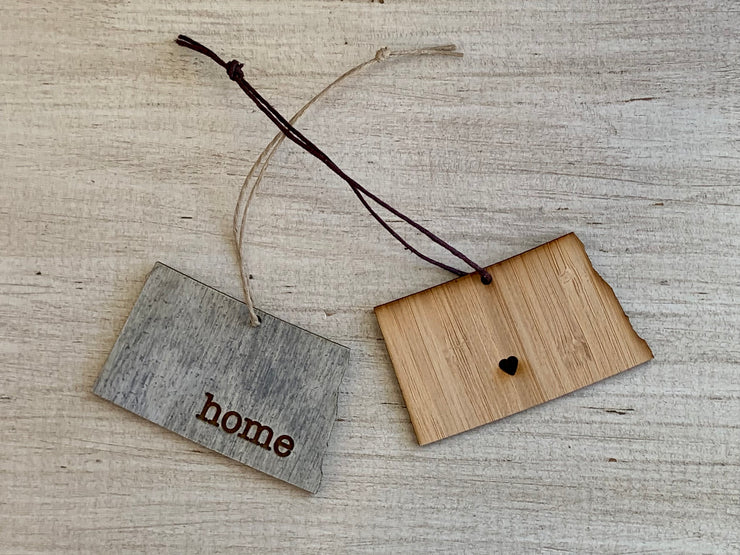 North Dakota Outline Ornament | Rustic Wood | Heart Home | Etched | Laser Cut