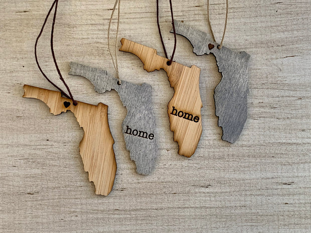 Florida Outline Ornament | Rustic Wood | Heart Home | Etched | Laser Cut
