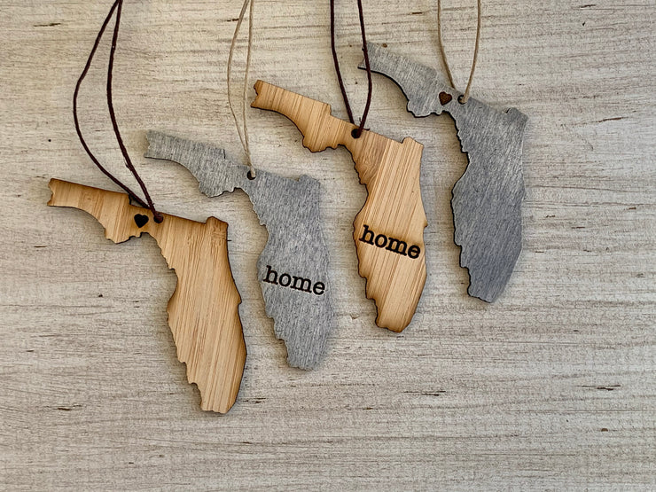 Florida Outline Ornament | Rustic Wood | Heart Home | Etched | Laser Cut
