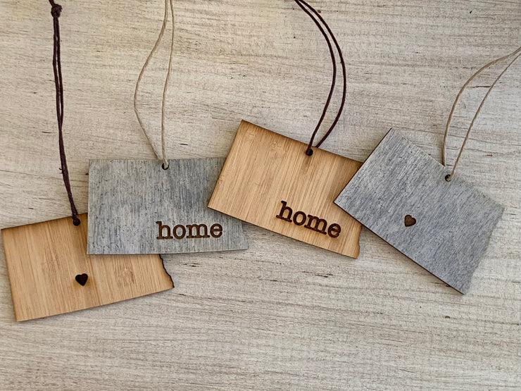 North Dakota Outline Ornament | Rustic Wood | Heart Home | Etched | Laser Cut