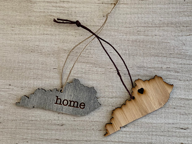 Kentucky Outline Ornament | Rustic Wood | Heart Home | Etched | Laser Cut