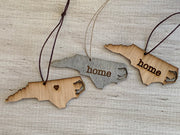 North Carolina Outline Ornament | Rustic Wood | Heart Home | Etched | Laser Cut