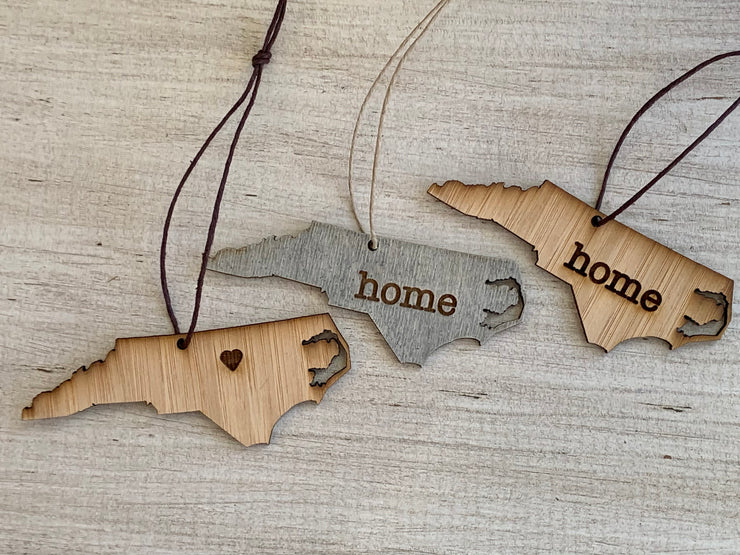 North Carolina Outline Ornament | Rustic Wood | Heart Home | Etched | Laser Cut