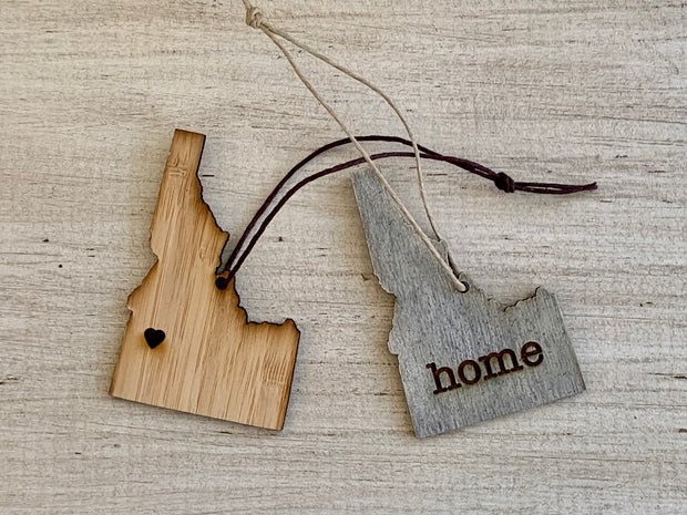 Idaho Outline Ornament | Rustic Wood | Heart Home | Etched | Laser Cut