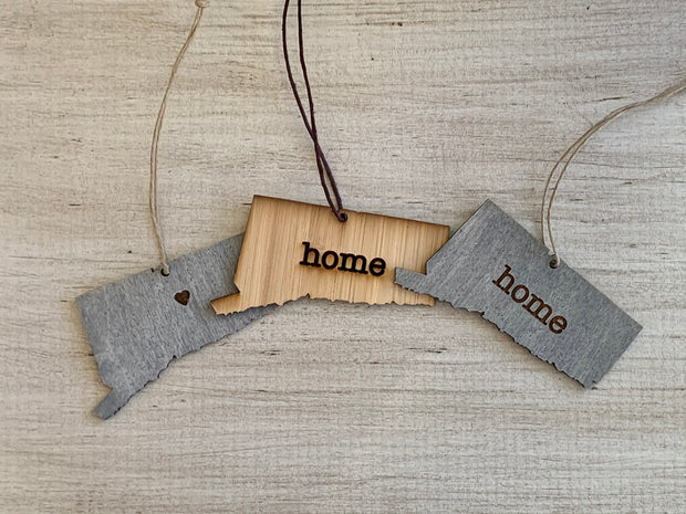 Connecticut Outline Ornament | Rustic Wood | Heart Home | Etched | Laser Cut